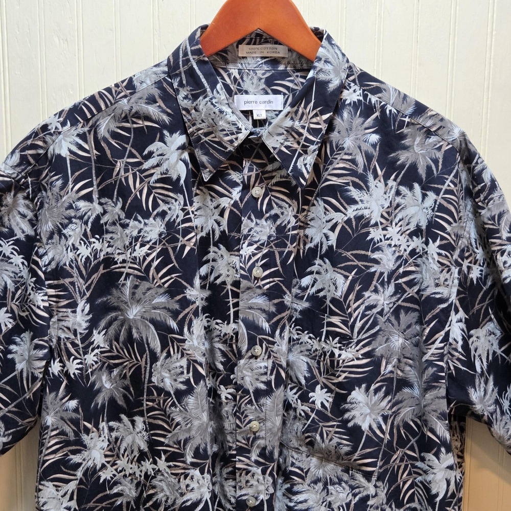 Pierre Cardin Shirt Mens XLT Blue Tropical Palm Short Sleeve Button Up Casual
